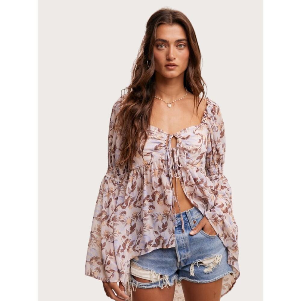 Leaf Print Bell Sleeve Top